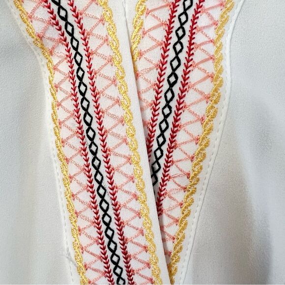 WHBM Boho White Sleeveless Top Blouse Embroidered Tassal Neckline - Picture 3 of 11